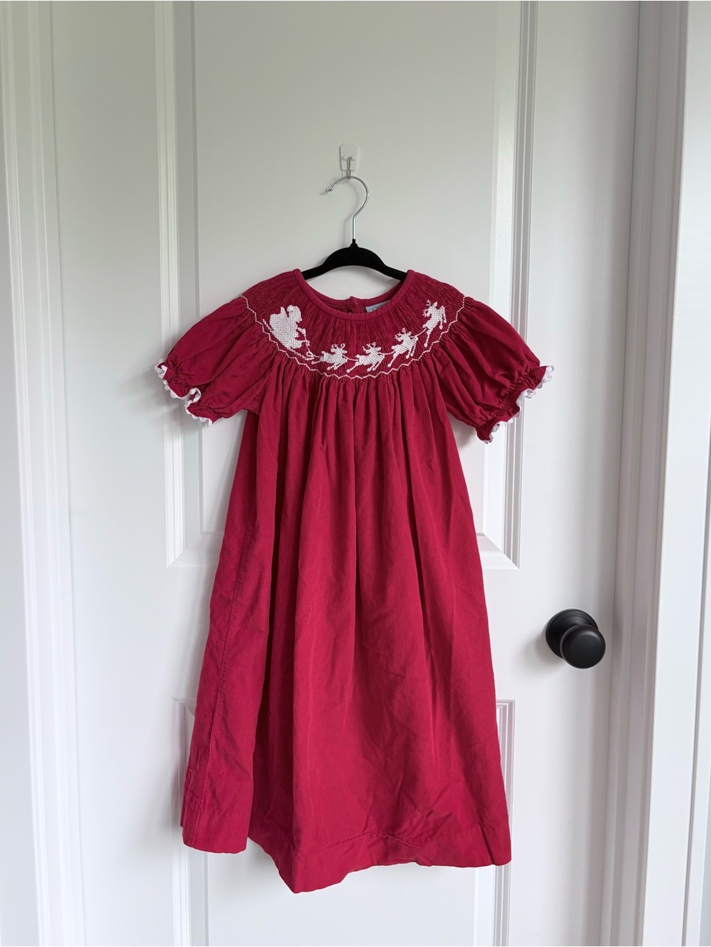 Three Sisters Smocked Christmas Santa Sleigh Red Corduroy Dress